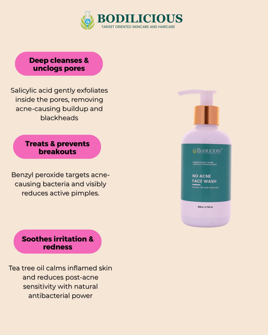 Bodilicious No Acne Face Wash | Reduces Excess Oil, And Unclogs pores  | Advanced Acne-Fighting Cleanser For Flawless Skin