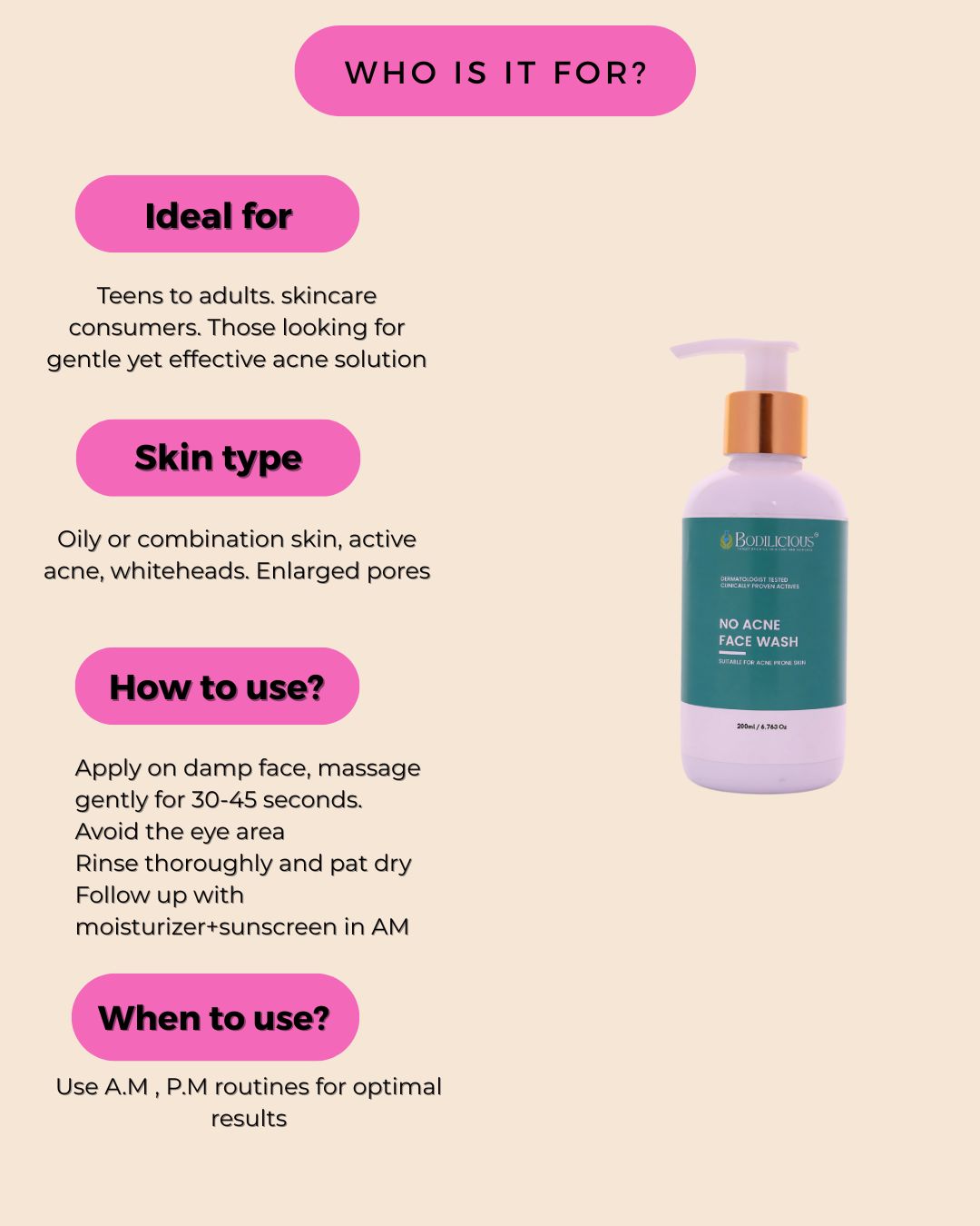 Bodilicious No Acne Face Wash | Reduces Excess Oil, And Unclogs pores  | Advanced Acne-Fighting Cleanser For Flawless Skin